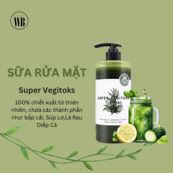 Sữa Rửa Mặt Super Vegitoks Chai Xanh: Giúp Thải Độc, Ngừa Ngăn Mụn, Loại Bỏ Bụi Bẩn